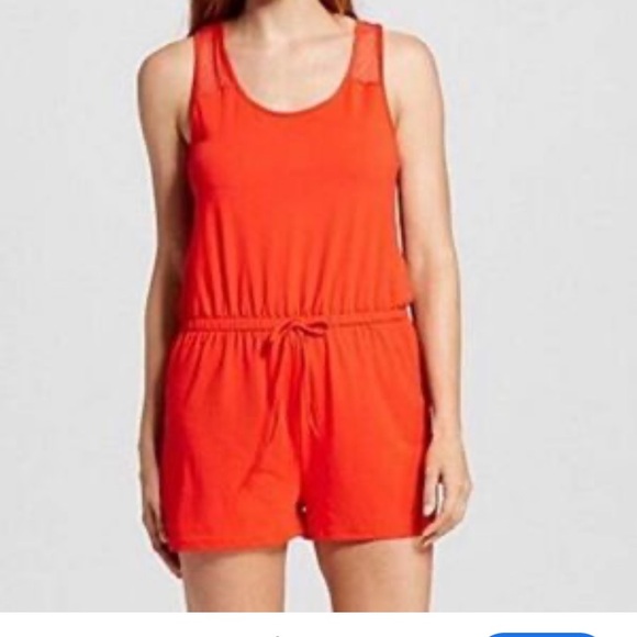 NWT Lou & Grey Signaturesoft sleeveless romper MEDIUM coral orange Pocket Lounge - Picture 2 of 8